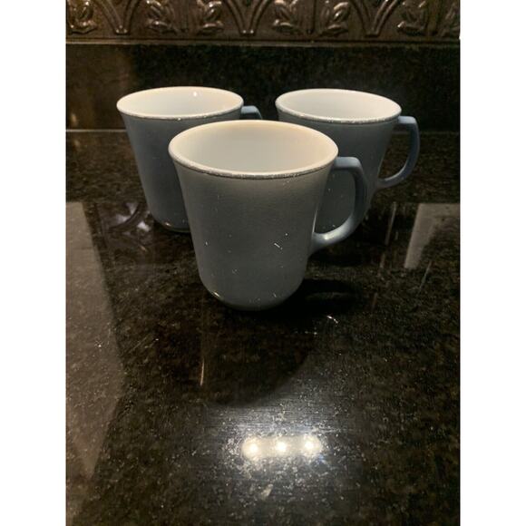 Corning PYREX Slate BLUE MILK GLASS Coffee Cups Mugs set of 3 Vintage - Picture 1 of 8